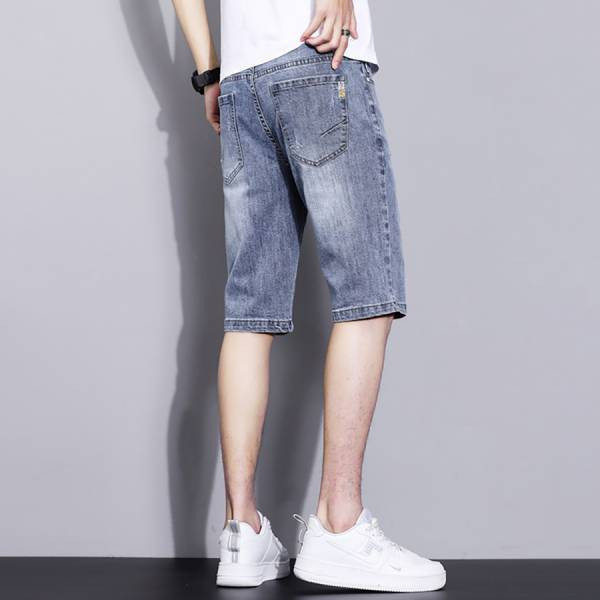 沙霧彈性刷破牛仔短褲 - 1配色（限時特賣 - 5折） 幕峰MuFeng,男裝特賣,5折優惠,快閃活動,限時出清,網路購物,男裝品牌,超值優惠,時尚穿搭,2025特賣