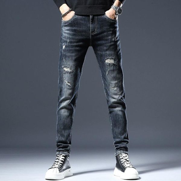 玄嶺彈力修身破洞牛仔長褲 - 1配色 幕峰MuFeng,深藍牛仔褲,修身小腳褲,破洞牛仔褲,男士牛仔長褲,春秋牛仔褲,潮流穿搭,百搭牛仔,休閒男褲,街頭風格