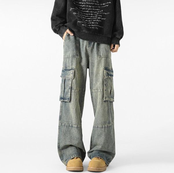 衡坡寬鬆多口袋直筒牛仔長褲 - 1配色 幕峰MuFeng,工裝牛仔褲,多口袋長褲,水洗牛仔褲,直筒寬鬆褲,美式工裝風,潮流牛仔褲,休閒穿搭,男士長褲,百搭牛仔