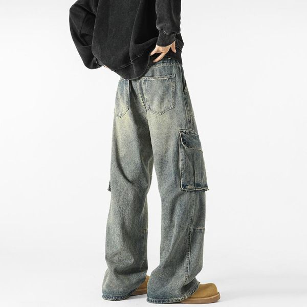 衡坡寬鬆多口袋直筒牛仔長褲 - 1配色 幕峰MuFeng,工裝牛仔褲,多口袋長褲,水洗牛仔褲,直筒寬鬆褲,美式工裝風,潮流牛仔褲,休閒穿搭,男士長褲,百搭牛仔