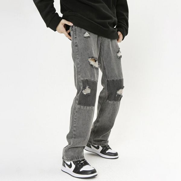 潮派寬鬆洞直筒牛仔長褲 - 1配色（限時特賣 - 5折） 幕峰MuFeng,男裝特賣,5折優惠,快閃活動,限時出清,網路購物,男裝品牌,超值優惠,時尚穿搭,2025特賣