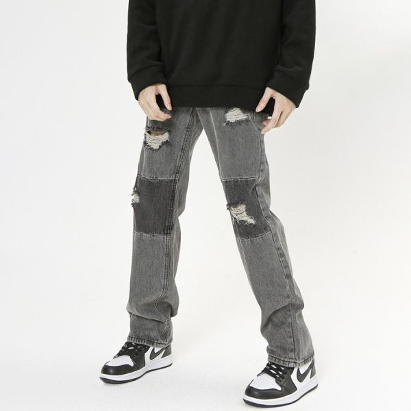 潮派寬鬆洞直筒牛仔長褲 - 1配色（限時特賣 - 5折） 幕峰MuFeng,男裝特賣,5折優惠,快閃活動,限時出清,網路購物,男裝品牌,超值優惠,時尚穿搭,2025特賣