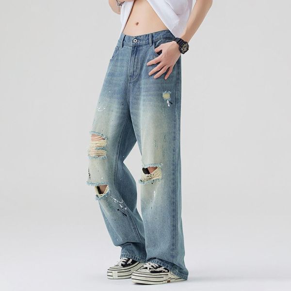 復野潮流破洞潑墨直筒牛仔長褲 - 1配色 幕峰MuFeng,破洞牛仔褲,潑墨牛仔褲,美式潮牌,街頭穿搭,男士牛仔長褲,個性牛仔褲,百搭牛仔,潮流下身,休閒男褲