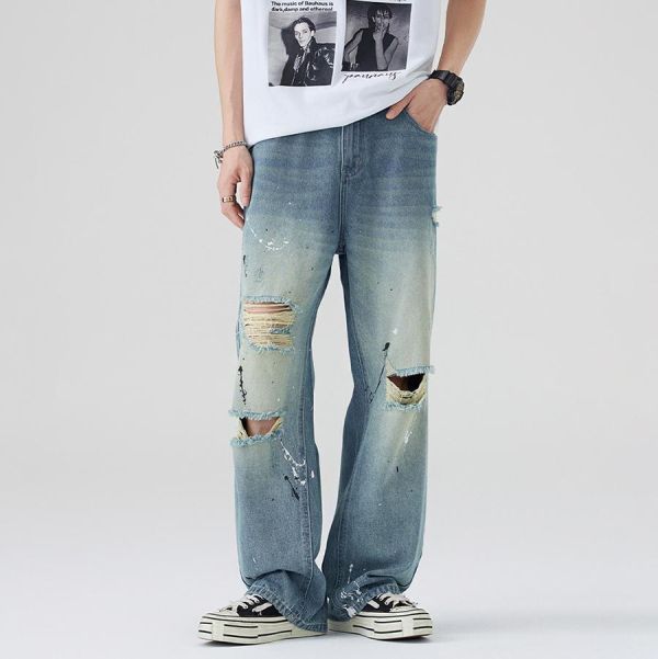 復野潮流破洞潑墨直筒牛仔長褲 - 1配色 幕峰MuFeng,破洞牛仔褲,潑墨牛仔褲,美式潮牌,街頭穿搭,男士牛仔長褲,個性牛仔褲,百搭牛仔,潮流下身,休閒男褲