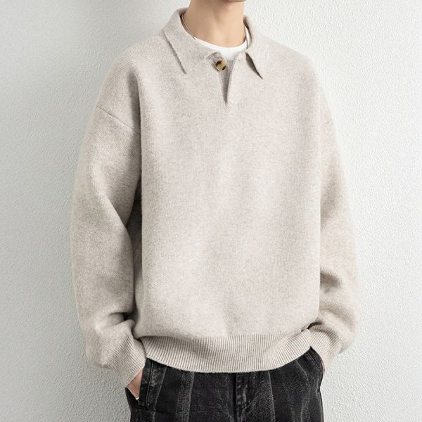 靜型翻領針織休閒長袖 - 3配色 幕峰MuFeng,翻領針織上衣,男士毛衣秋季,套頭針織衫,寬鬆版型毛衣,百搭男裝,休閒針織外套,潮流男裝,秋季穿搭單品,質感針織衫