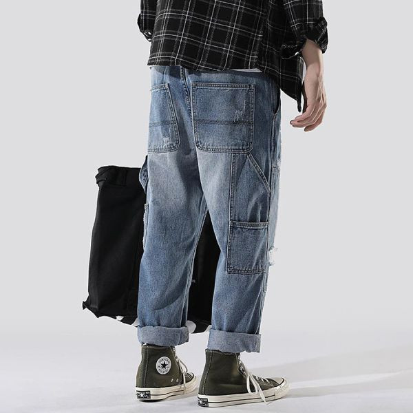 復流潮流拼接工裝直筒牛仔長褲 - 1配色（限時特賣 - 5折） 幕峰MuFeng,男裝特賣,5折優惠,快閃活動,限時出清,網路購物,男裝品牌,超值優惠,時尚穿搭,2025特賣