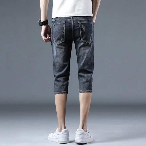 勁裂彈力修身刷破牛仔七分短褲 - 1配色 幕峰MuFeng,牛仔七分褲,刷破牛仔褲,修身短褲男,彈力牛仔褲,潮流短褲,夏季男裝,街頭穿搭,百搭短褲,單色款