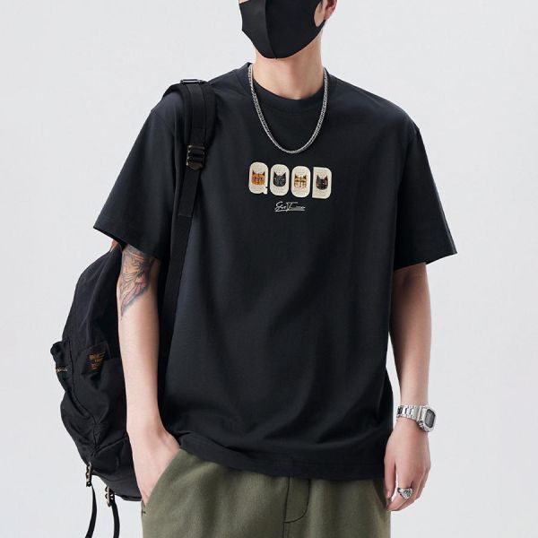 肆喵重磅印花休閒短袖 - 3配色 幕峰MuFeng,貓咪印花短袖,重磅T恤男,寬鬆短袖,潮流T恤,夏季男裝,可愛風穿搭,街頭風上衣,設計感短袖,男士T恤