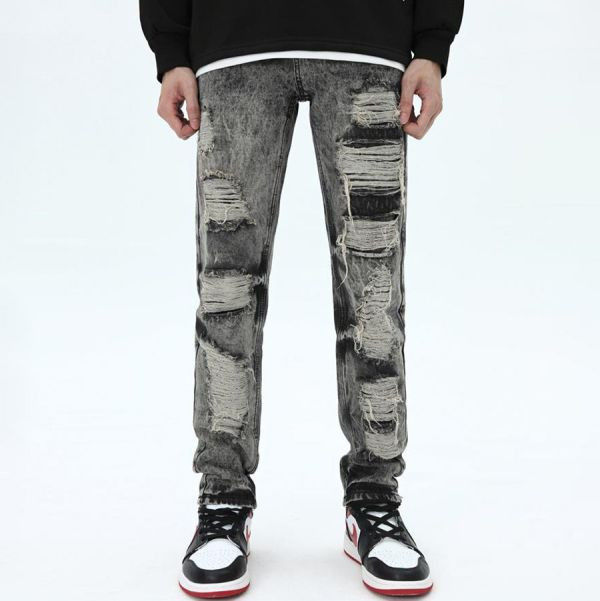 雄野拼接破洞牛仔長褲 - 1配色（限時特賣 - 4折） 幕峰MuFeng,男裝特賣,5折優惠,快閃活動,限時出清,網路購物,男裝品牌,超值優惠,時尚穿搭,2025特賣