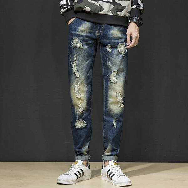 爆破修身破洞牛仔長褲 - 1配色（限時特賣 - 5折） 幕峰MuFeng,男裝特賣,5折優惠,快閃活動,限時出清,網路購物,男裝品牌,超值優惠,時尚穿搭,2025特賣