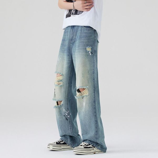 復野潮流破洞潑墨直筒牛仔長褲 - 1配色 幕峰MuFeng,破洞牛仔褲,潑墨牛仔褲,美式潮牌,街頭穿搭,男士牛仔長褲,個性牛仔褲,百搭牛仔,潮流下身,休閒男褲