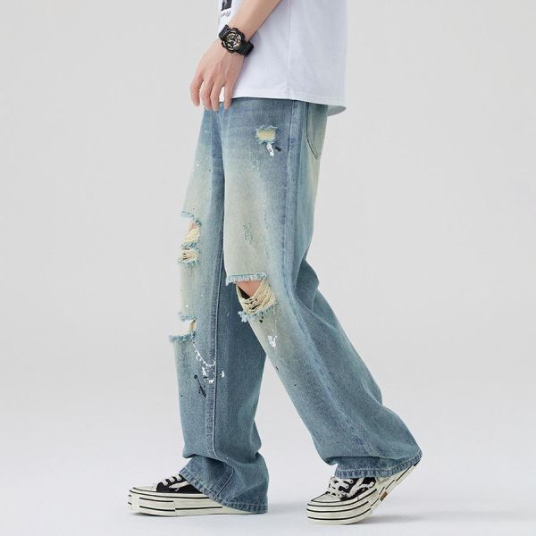 復野潮流破洞潑墨直筒牛仔長褲 - 1配色 幕峰MuFeng,破洞牛仔褲,潑墨牛仔褲,美式潮牌,街頭穿搭,男士牛仔長褲,個性牛仔褲,百搭牛仔,潮流下身,休閒男褲