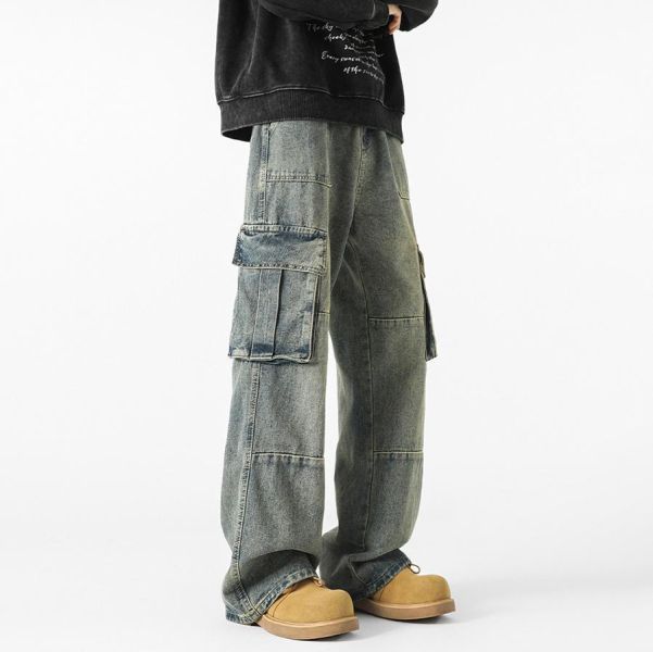 衡坡寬鬆多口袋直筒牛仔長褲 - 1配色 幕峰MuFeng,工裝牛仔褲,多口袋長褲,水洗牛仔褲,直筒寬鬆褲,美式工裝風,潮流牛仔褲,休閒穿搭,男士長褲,百搭牛仔