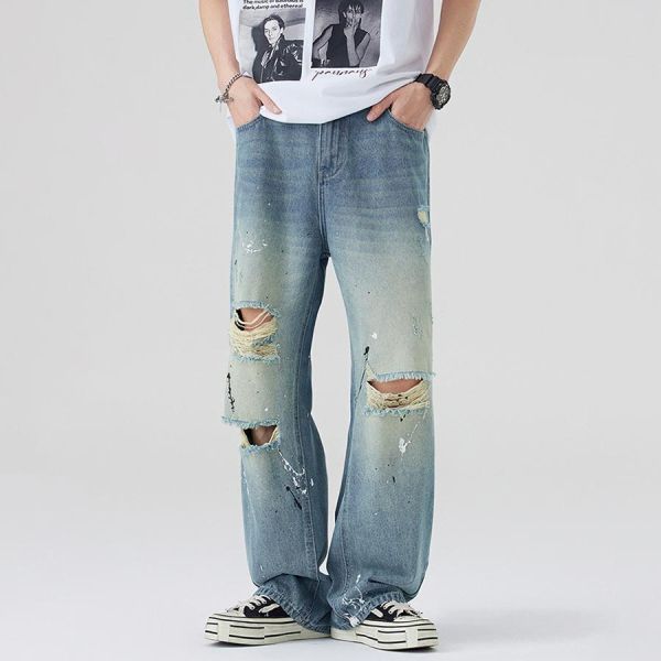 復野潮流破洞潑墨直筒牛仔長褲 - 1配色 幕峰MuFeng,破洞牛仔褲,潑墨牛仔褲,美式潮牌,街頭穿搭,男士牛仔長褲,個性牛仔褲,百搭牛仔,潮流下身,休閒男褲
