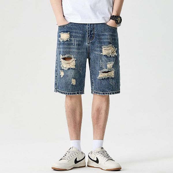 本川破洞五分牛仔短褲 - 1配色 幕峰MuFeng,牛仔短褲男,破洞牛仔褲,五分短褲,寬鬆短褲,潮牌短褲,夏季男短褲,街頭穿搭,設計感短褲,男裝下身