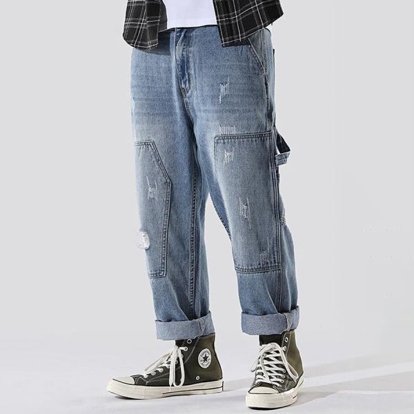 復流潮流拼接工裝直筒牛仔長褲 - 1配色（限時特賣 - 5折） 幕峰MuFeng,男裝特賣,5折優惠,快閃活動,限時出清,網路購物,男裝品牌,超值優惠,時尚穿搭,2025特賣