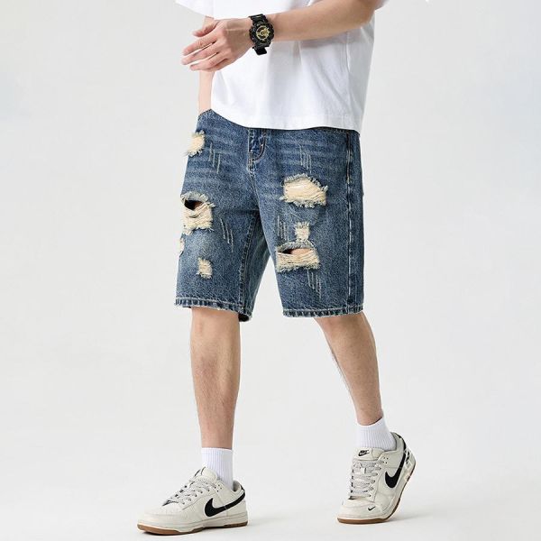 本川破洞五分牛仔短褲 - 1配色 幕峰MuFeng,牛仔短褲男,破洞牛仔褲,五分短褲,寬鬆短褲,潮牌短褲,夏季男短褲,街頭穿搭,設計感短褲,男裝下身