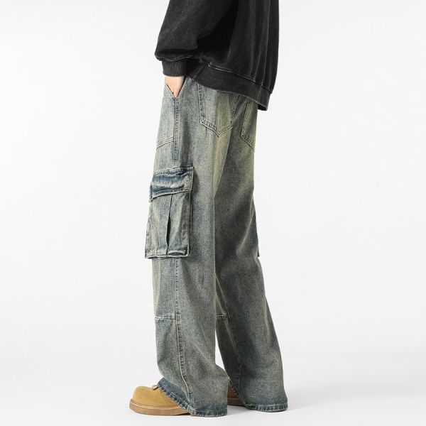 衡坡寬鬆多口袋直筒牛仔長褲 - 1配色 幕峰MuFeng,工裝牛仔褲,多口袋長褲,水洗牛仔褲,直筒寬鬆褲,美式工裝風,潮流牛仔褲,休閒穿搭,男士長褲,百搭牛仔