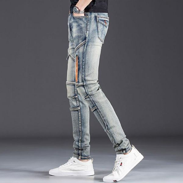 峰痞彈力修身拼接牛仔長褲 - 1配色（限時特賣 - 5折） 幕峰MuFeng,男裝特賣,5折優惠,快閃活動,限時出清,網路購物,男裝品牌,超值優惠,時尚穿搭,2026特賣