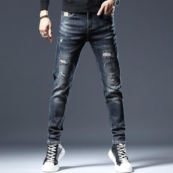 玄嶺彈力修身破洞牛仔長褲 - 1配色 幕峰MuFeng,深藍牛仔褲,修身小腳褲,破洞牛仔褲,男士牛仔長褲,春秋牛仔褲,潮流穿搭,百搭牛仔,休閒男褲,街頭風格