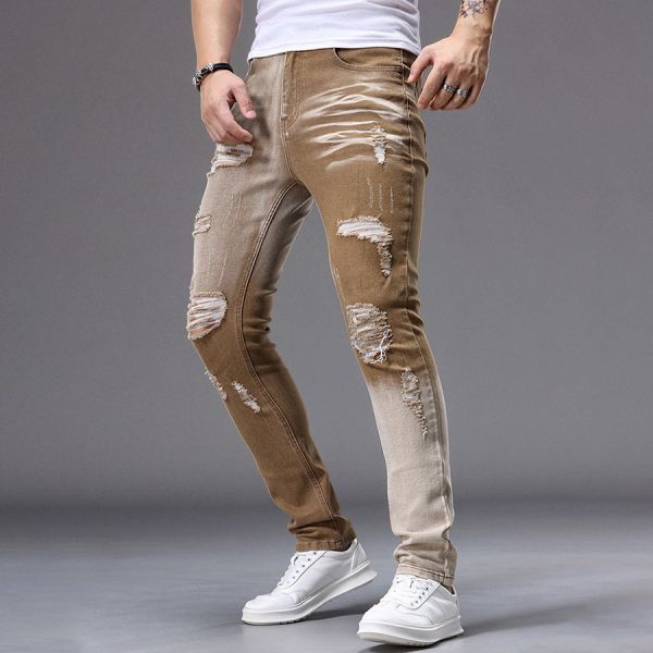 荒迹彈力修身破洞牛仔長褲 - 2配色 幕峰MuFeng,破洞牛仔褲,歐美風長褲,提臀剪裁,修身牛仔褲,潮流男裝,時尚街頭風,中腰設計,彈力丹寧,氣質型男必備