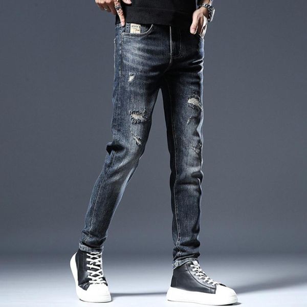 玄嶺彈力修身破洞牛仔長褲 - 1配色 幕峰MuFeng,深藍牛仔褲,修身小腳褲,破洞牛仔褲,男士牛仔長褲,春秋牛仔褲,潮流穿搭,百搭牛仔,休閒男褲,街頭風格