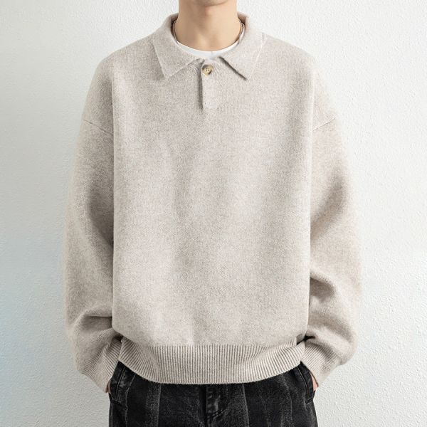 靜型翻領針織休閒長袖 - 3配色 幕峰MuFeng,翻領針織上衣,男士毛衣秋季,套頭針織衫,寬鬆版型毛衣,百搭男裝,休閒針織外套,潮流男裝,秋季穿搭單品,質感針織衫