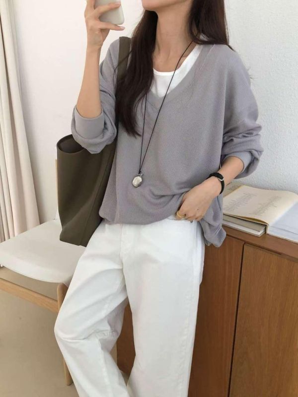 Ma309.柔軟華夫格V領上衣 