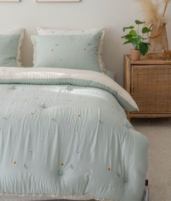 Kg12.小清新刺繡花草天絲厚被/綠 