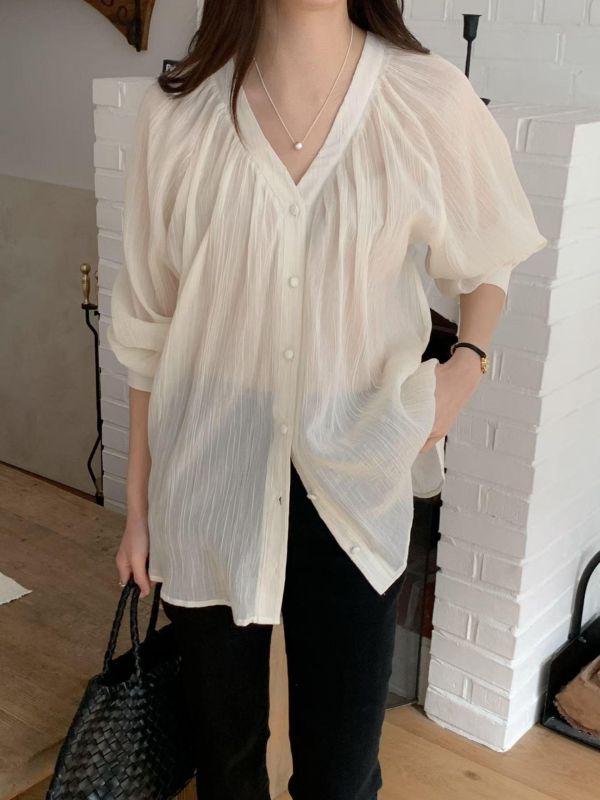Ap410.自帶仙氣皺摺包釦衫 