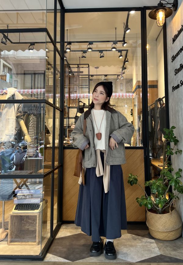 Nn117.拼色領毛呢外 