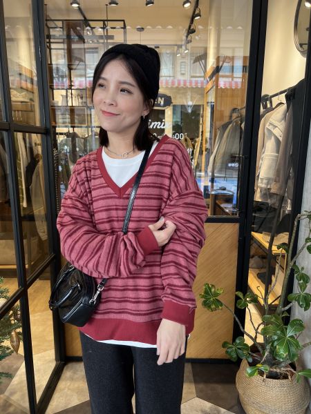 Dm105.超美霧絨v領條紋上衣 