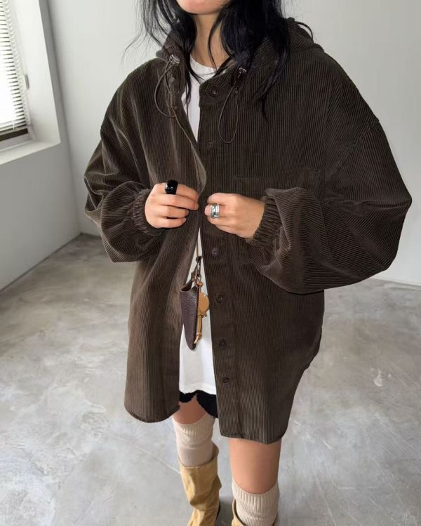 Nn123.設計師檔口坑條絨帽衫外 