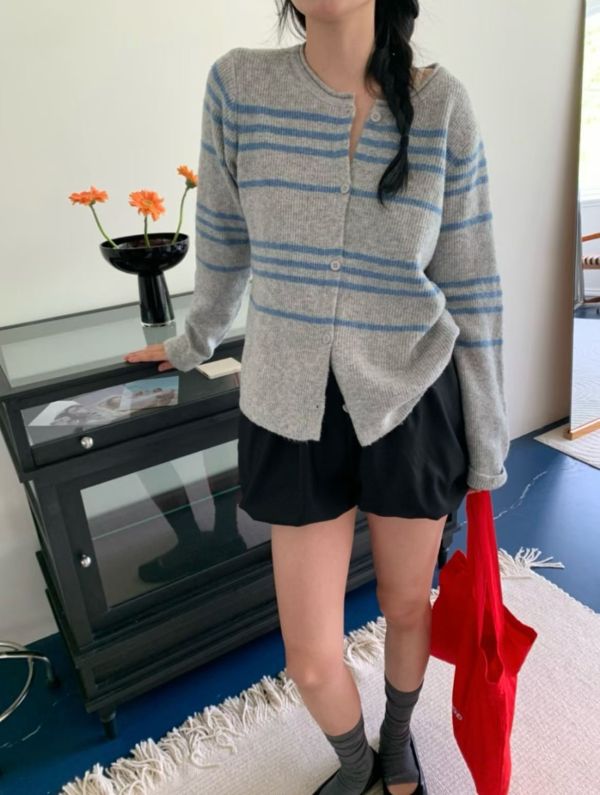 Oc110.粗條紋開釦鉤針外套 