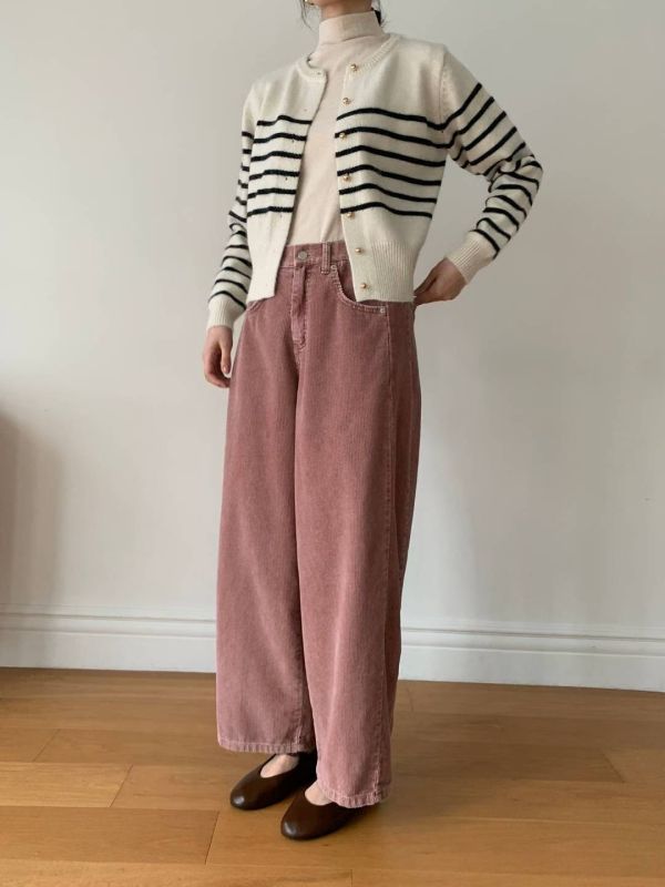 Nv124.超好看水洗色燈芯坑紋寬褲 