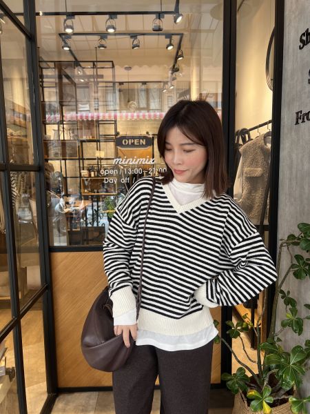 Dc105.v領條紋羊毛衫 