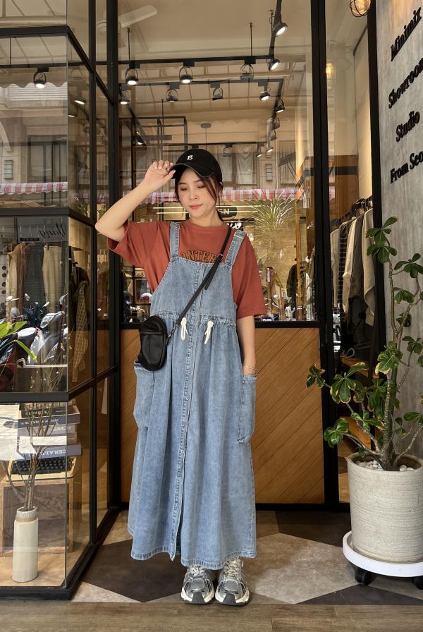 Mh324.超Q抽繩牛仔吊帶裙 