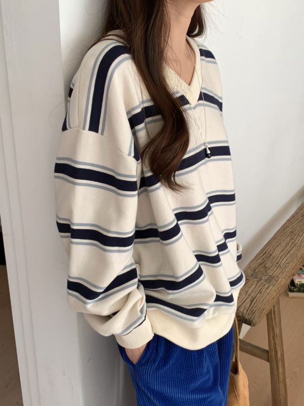 Dc108.室友共穿/清新v領寬條大學t! 