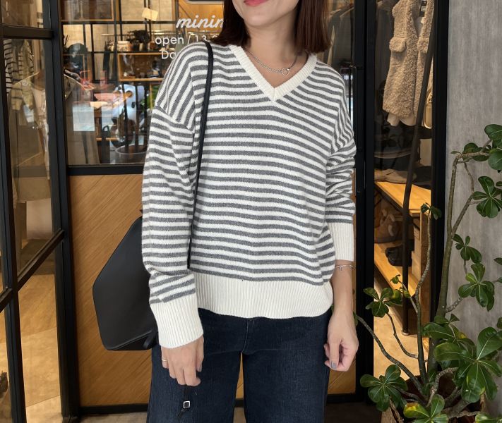 Dc105.v領條紋羊毛衫 