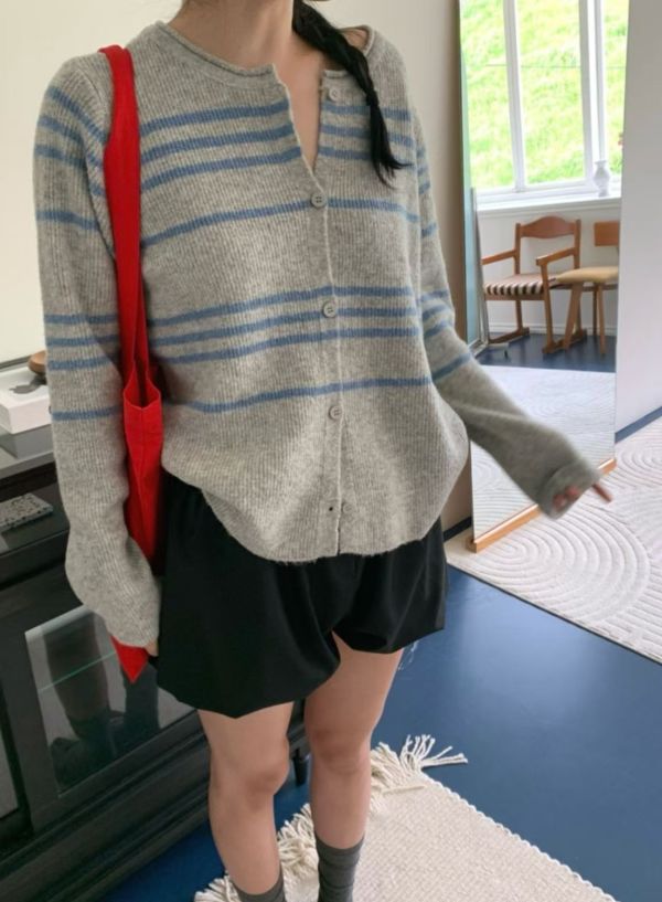 Oc110.粗條紋開釦鉤針外套 