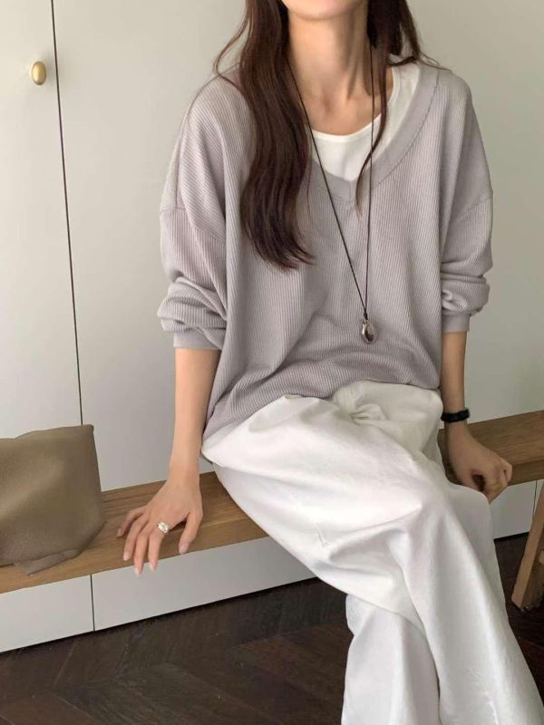 Ma309.柔軟華夫格V領上衣 