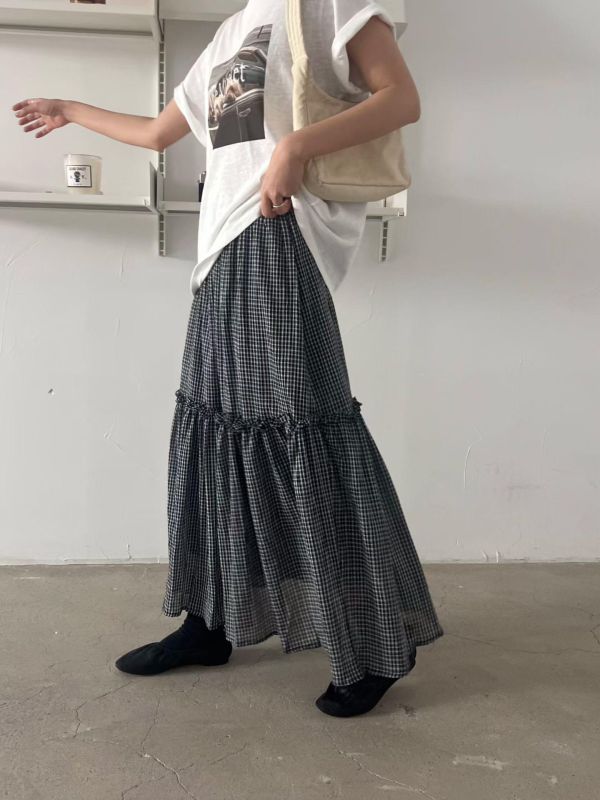 Mh326.清新線格層次混紡裙 