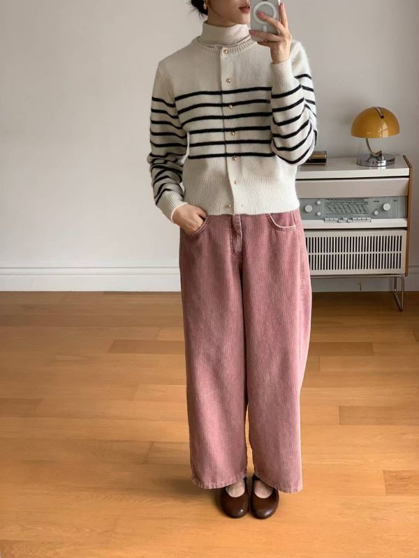 Nv124.超好看水洗色燈芯坑紋寬褲 