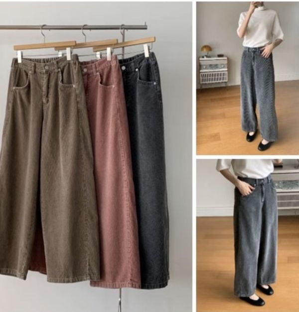 Nv124.超好看水洗色燈芯坑紋寬褲 