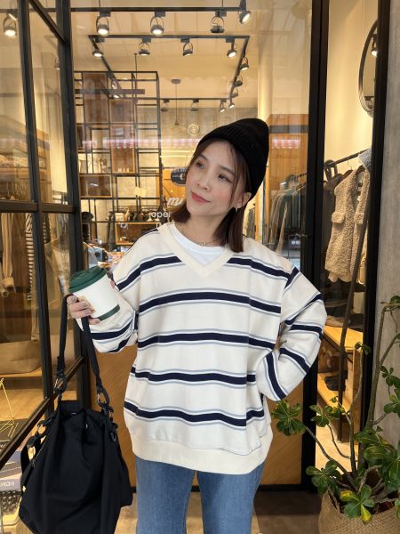 Dc108.室友共穿/清新v領寬條大學t! 