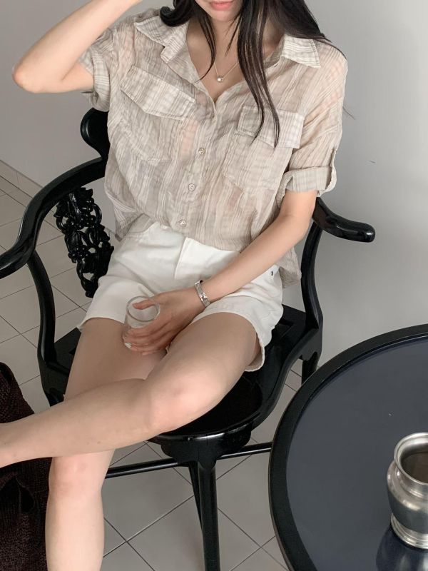 Ju16.混紡皺摺格紋襯衫上衣 
