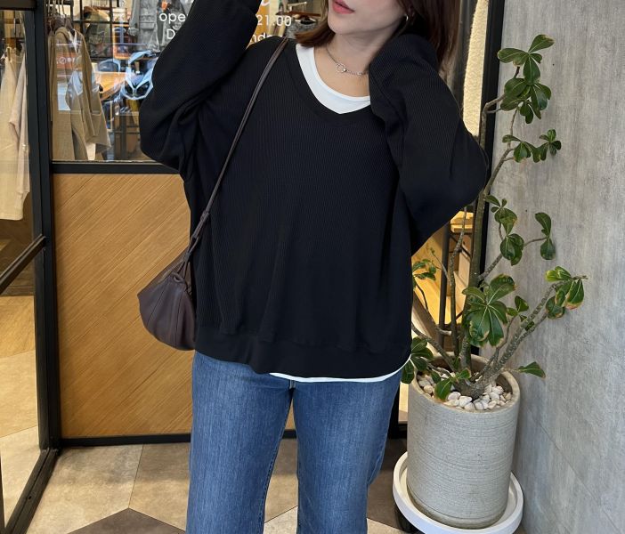 Ma309.柔軟華夫格V領上衣 