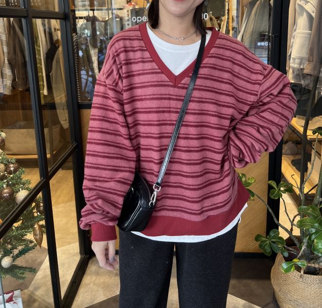 Dm105.超美霧絨v領條紋上衣 