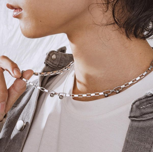 Unisex | 極晝系 - 冷光 * 不銹鋼 中性 圓球 方鏈 項鍊 不銹鋼 不銹鋼項鍊 交換禮物 幾何項鍊 男禮物 男友禮物 男生禮物 男生項鍊 項鍊