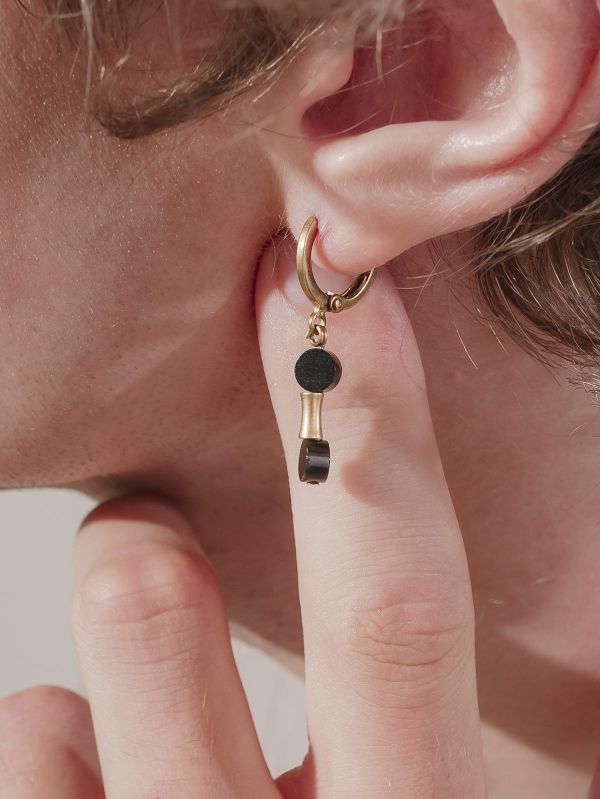 Unisex | 暮光系 - 靜海 * 黑瑪瑙 黃銅 水晶 礦石 耳環 交換禮物 男 禮物 男友禮物 男生禮物 男生耳環 礦石 耳環 耳夾 黃銅耳環